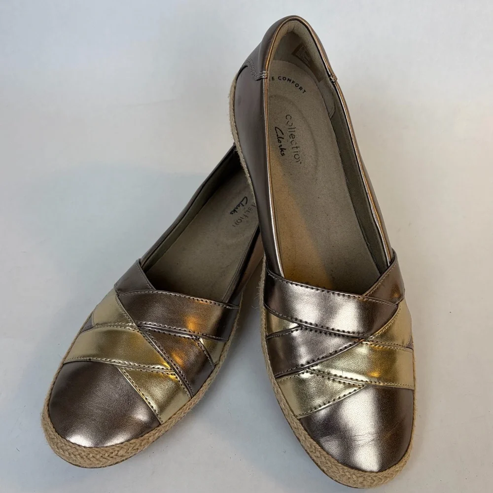 Clarks Collection Danelly Adira Metallic Espadrille Loafer Flats Pewter Gold 8.5 - Picture 2 of 15